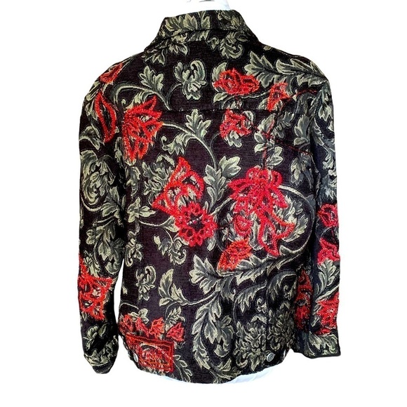 Chicos Enbroidered Beaded Accent Tapestry Artsy Floral Jacket Red Black Sz M - Picture 2 of 8